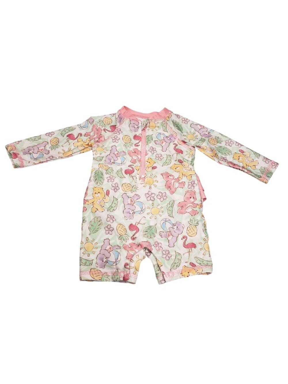 Care Bears Baby Girls One Piece Swim Suit Zip Ruffles Size 3-6 Months